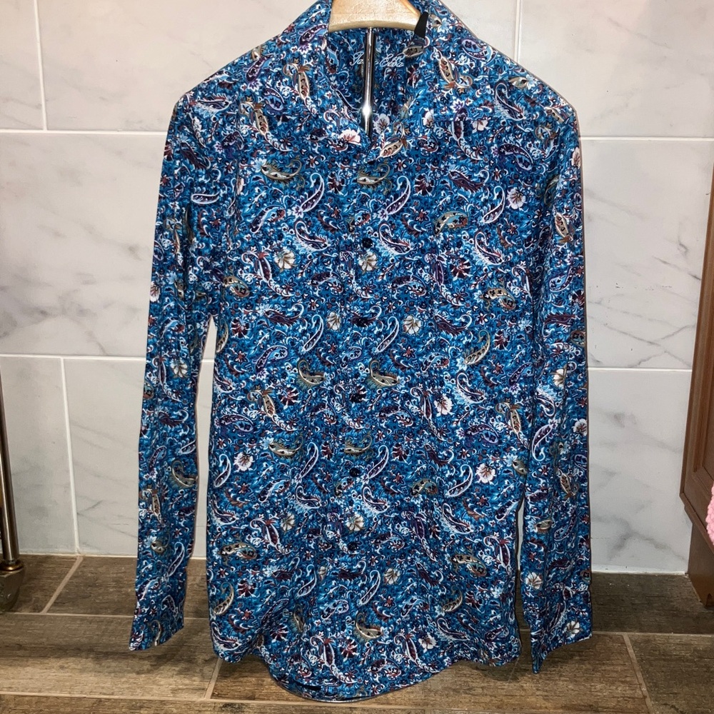 Tasso Elba Navy Paisley Dress Shirt Cotton